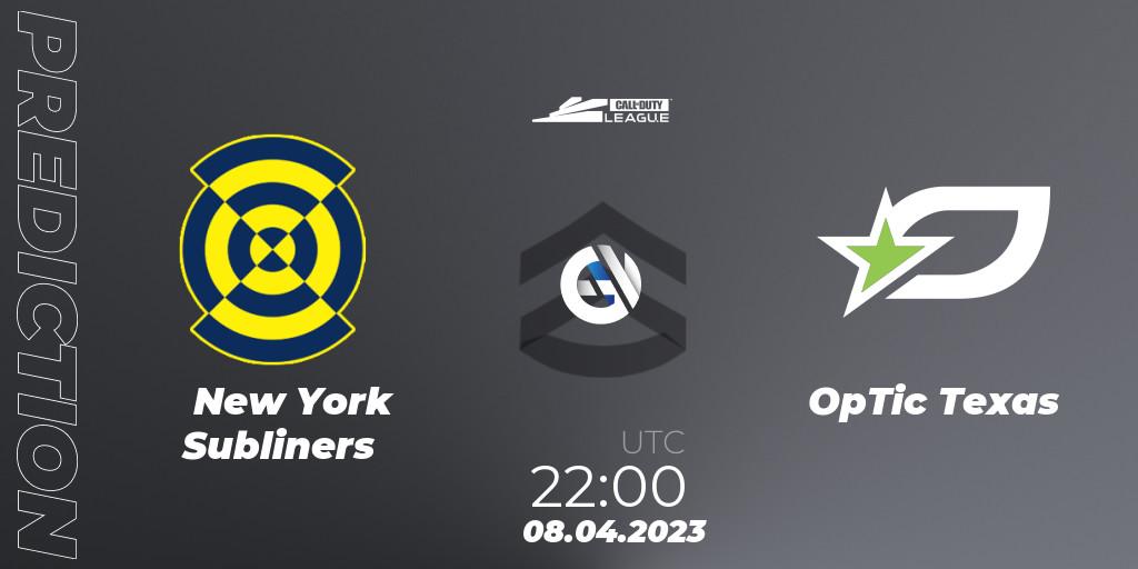 Prognose für das Spiel New York Subliners VS OpTic Texas. 08.04.2023 at 22:00. Call of Duty - Call of Duty League 2023: Stage 4 Major Qualifiers