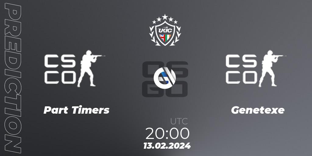 Prognose für das Spiel Part Timers VS Genetexe. 13.02.2024 at 20:00. Counter-Strike (CS2) - UKIC League Season 1: Division 1