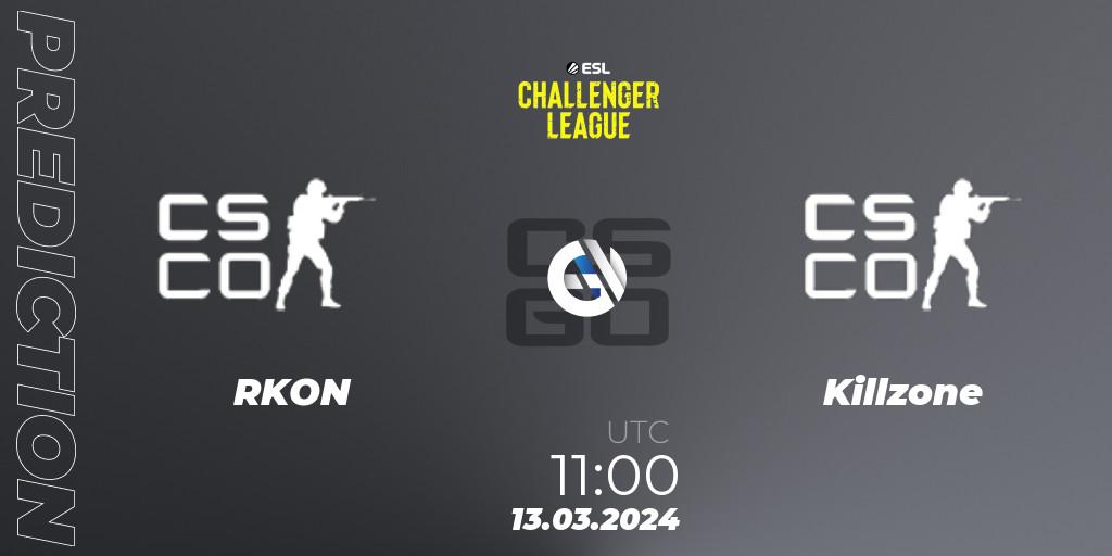 Prognose für das Spiel RKON VS Killzone. 13.03.2024 at 11:00. Counter-Strike (CS2) - ESL Challenger League Season 47: Oceania