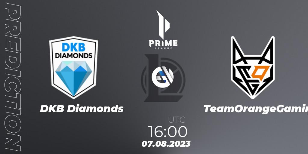 Prognose für das Spiel DKB Diamonds VS TeamOrangeGaming. 07.08.2023 at 16:00. LoL - Prime League 2nd Division Summer 2023