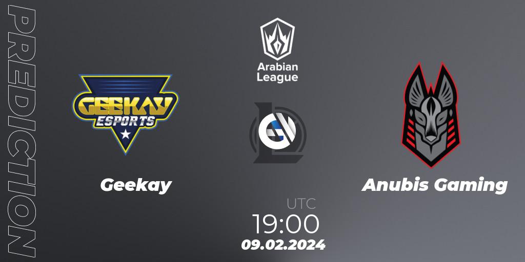 Prognose für das Spiel Geekay VS Anubis Gaming. 09.02.2024 at 19:00. LoL - Arabian League Spring 2024