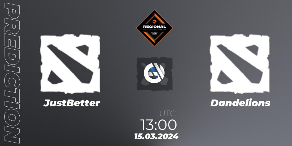 Prognose für das Spiel JustBetter VS Dandelions. 15.03.2024 at 13:00. Dota 2 - RES Regional Series: EU #1