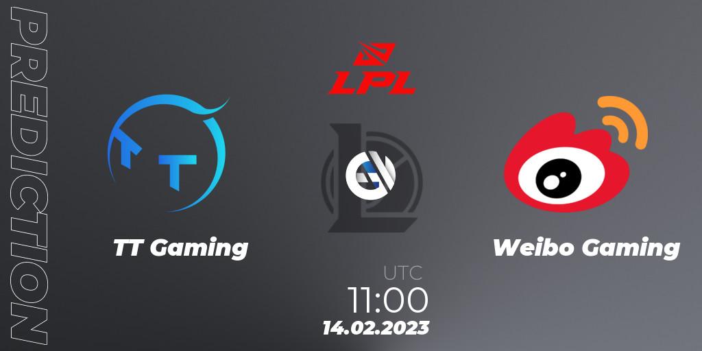 Prognose für das Spiel TT Gaming VS Weibo Gaming. 14.02.2023 at 11:45. LoL - LPL Spring 2023 - Group Stage