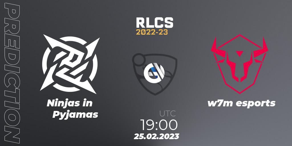 Prognose für das Spiel Ninjas in Pyjamas VS w7m esports. 25.02.2023 at 19:00. Rocket League - RLCS 2022-23 - Winter: South America Regional 3 - Winter Invitational