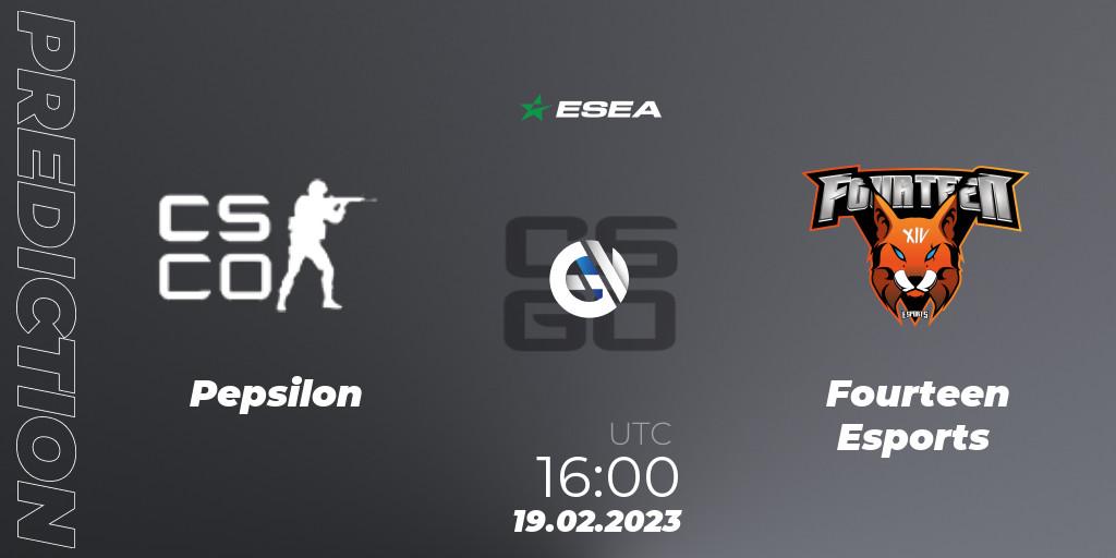 Prognose für das Spiel Pepsilon VS Fourteen Esports. 01.03.2023 at 19:00. Counter-Strike (CS2) - ESEA Season 44: Advanced Division - Europe