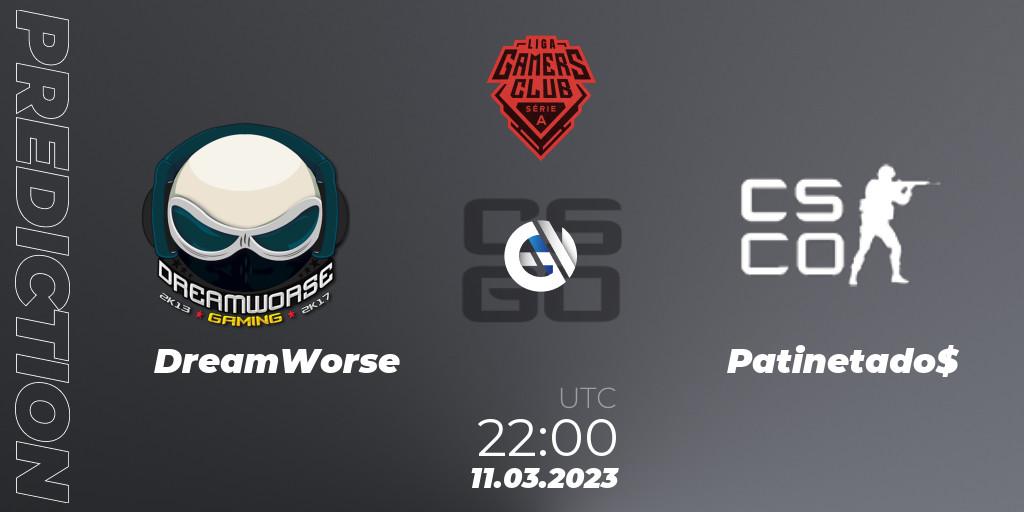 Prognose für das Spiel DreamWorse VS Patinetado$. 11.03.2023 at 22:00. Counter-Strike (CS2) - Gamers Club Liga Série A: February 2023