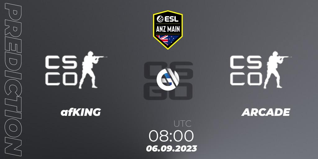 Prognose für das Spiel afKING VS ARCADE. 06.09.2023 at 08:00. Counter-Strike (CS2) - ESL ANZ Main Season 17