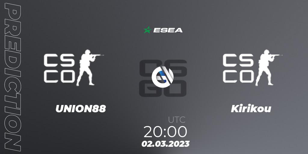 Prognose für das Spiel UNION88 VS Kirikou. 02.03.23. CS2 (CS:GO) - ESEA Season 44: Advanced Division - Europe