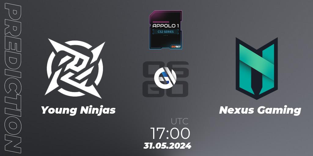 Prognose für das Spiel Young Ninjas VS Nexus Gaming. 31.05.2024 at 17:00. Counter-Strike (CS2) - Appolo1 Series: Phase 2
