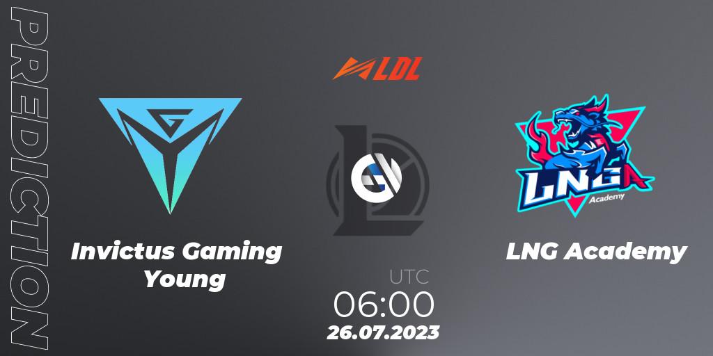 Prognose für das Spiel Invictus Gaming Young VS LNG Academy. 26.07.2023 at 06:00. LoL - LDL 2023 - Playoffs