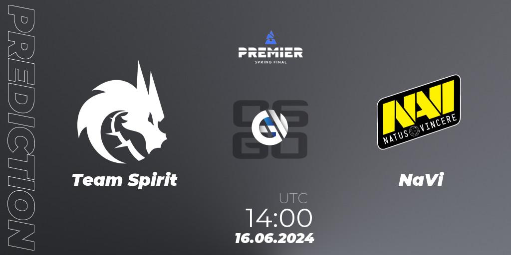 Prognose für das Spiel Team Spirit VS NaVi. 16.06.2024 at 14:00. Counter-Strike (CS2) - BLAST Premier Spring Final 2024