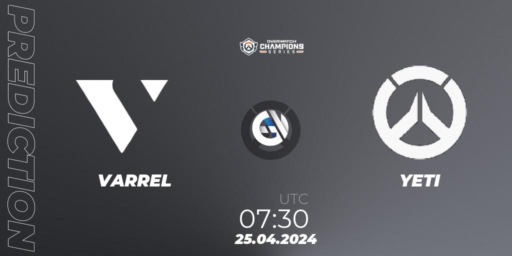 Prognose für das Spiel VARREL VS YETI. 25.04.2024 at 07:30. Overwatch - Overwatch Champions Series 2024 - Asia Stage 1 Main Event