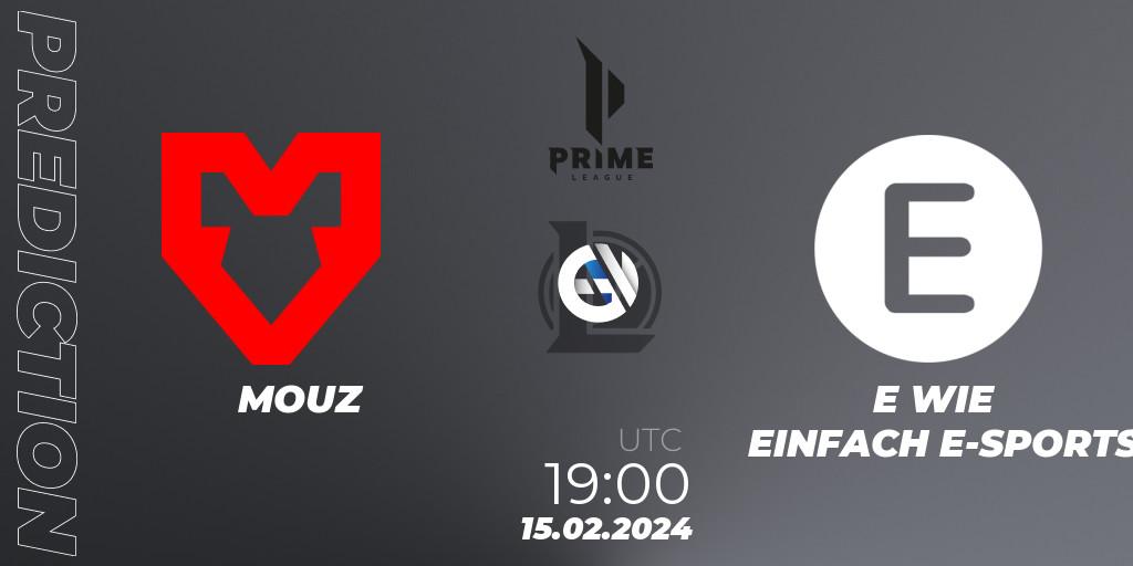 Prognose für das Spiel MOUZ VS E WIE EINFACH E-SPORTS. 17.01.2024 at 20:00. LoL - Prime League Spring 2024 - Group Stage