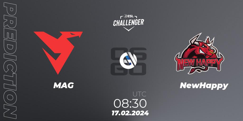 Prognose für das Spiel MAG VS NewHappy. 17.02.2024 at 08:30. Counter-Strike (CS2) - ESL Challenger #56: Asian Qualifier