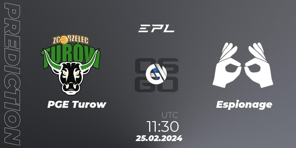 Prognose für das Spiel PGE Turow VS Espionage. 25.02.2024 at 12:10. Counter-Strike (CS2) - European Pro League Season 15: Division 2