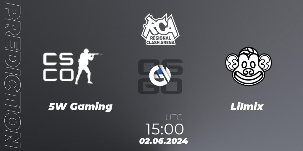 Prognose für das Spiel 5W Gaming VS Lilmix. 02.06.2024 at 15:00. Counter-Strike (CS2) - Regional Clash Arena Europe: Closed Qualifier