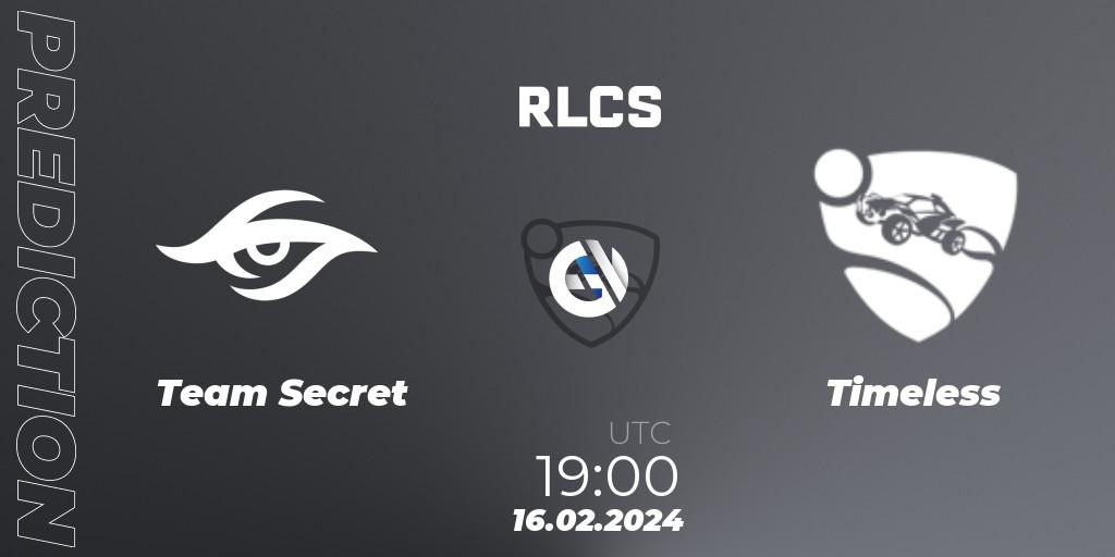 Prognose für das Spiel Team Secret VS Timeless. 16.02.2024 at 19:00. Rocket League - RLCS 2024 - Major 1: SAM Open Qualifier 2