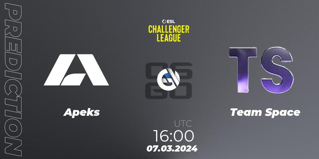 Prognose für das Spiel Apeks VS Team Space. 07.03.24. CS2 (CS:GO) - ESL Challenger League Season 47: Europe