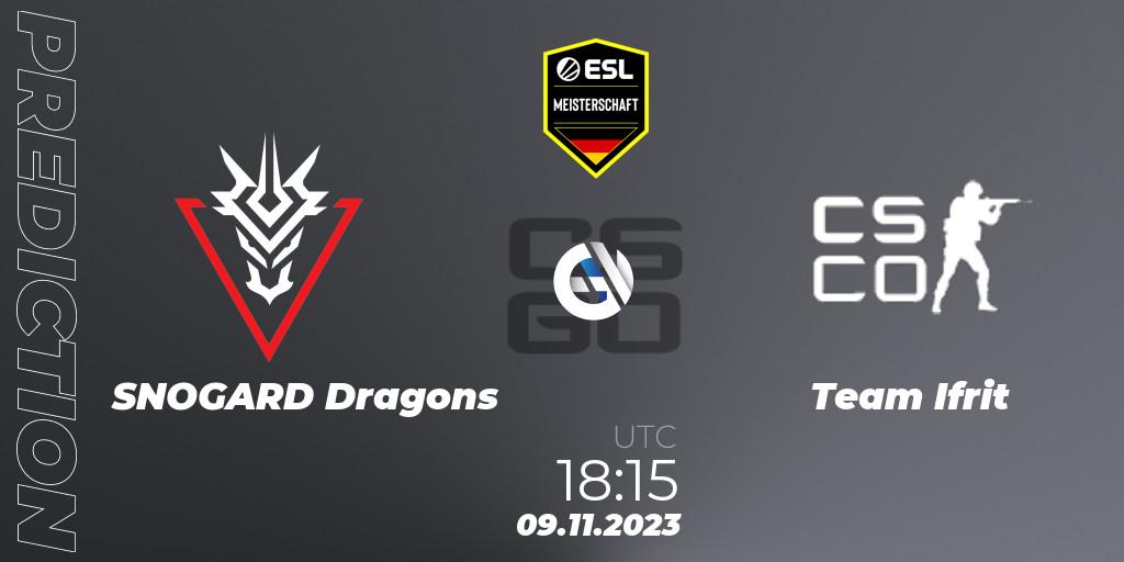 Prognose für das Spiel SNOGARD Dragons VS Team Ifrit. 09.11.2023 at 18:15. Counter-Strike (CS2) - ESL Meisterschaft: Autumn 2023