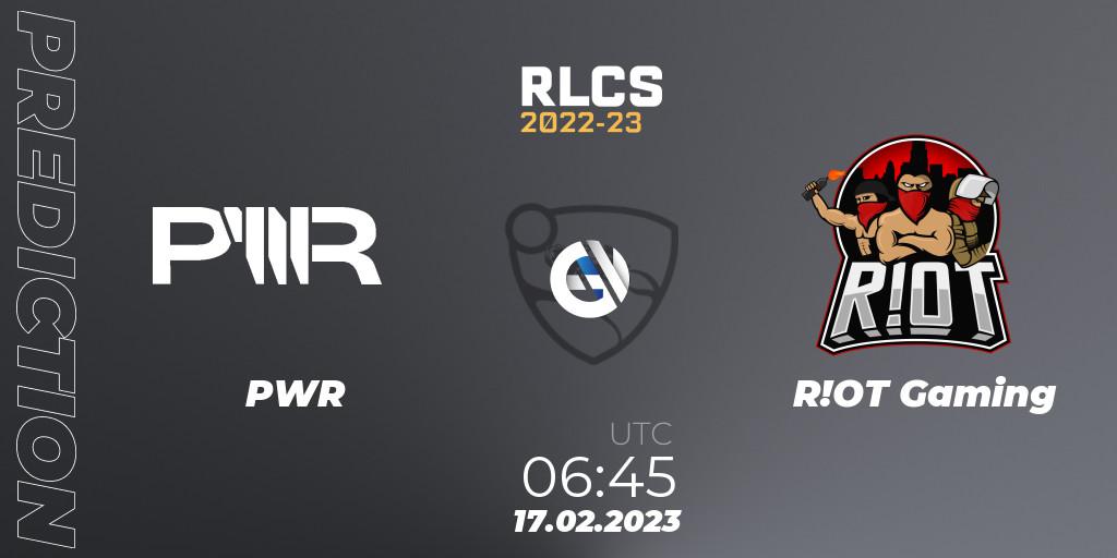 Prognose für das Spiel PWR VS R!OT Gaming. 17.02.2023 at 06:45. Rocket League - RLCS 2022-23 - Winter: Oceania Regional 2 - Winter Cup