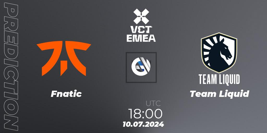 Prognose für das Spiel Fnatic VS Team Liquid. 10.07.2024 at 19:00. VALORANT - VALORANT Champions Tour 2024: EMEA League - Stage 2 - Group Stage