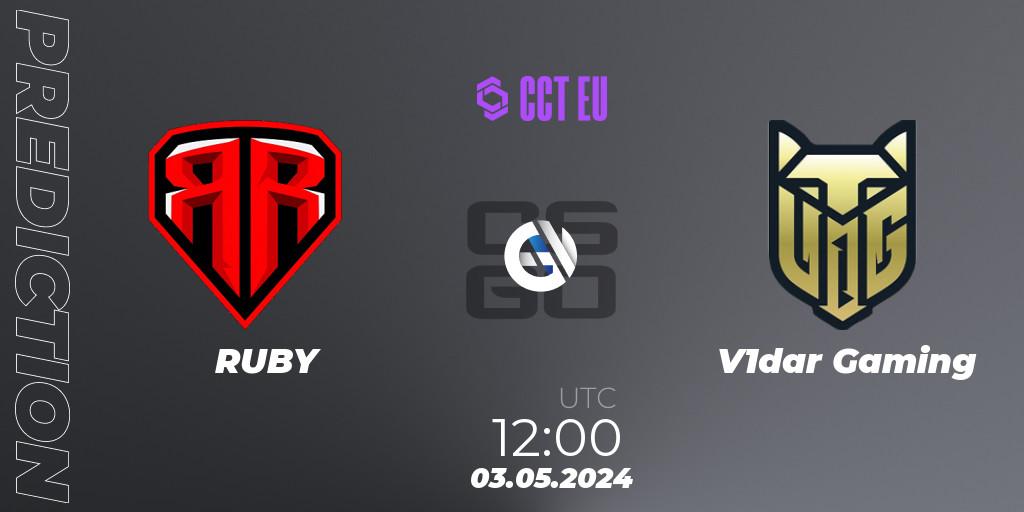 Prognose für das Spiel RUBY VS V1dar Gaming. 03.05.2024 at 12:20. Counter-Strike (CS2) - CCT Season 2 Europe Series 2 