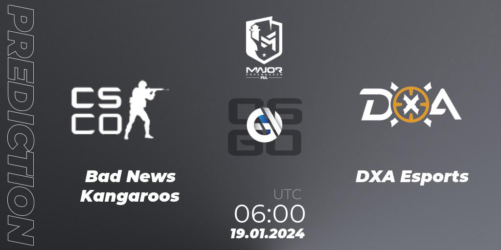 Prognose für das Spiel Bad News KangaroosN VS DXA Esports. 19.01.2024 at 06:10. Counter-Strike (CS2) - PGL CS2 Major Copenhagen 2024 Oceania RMR Closed Qualifier