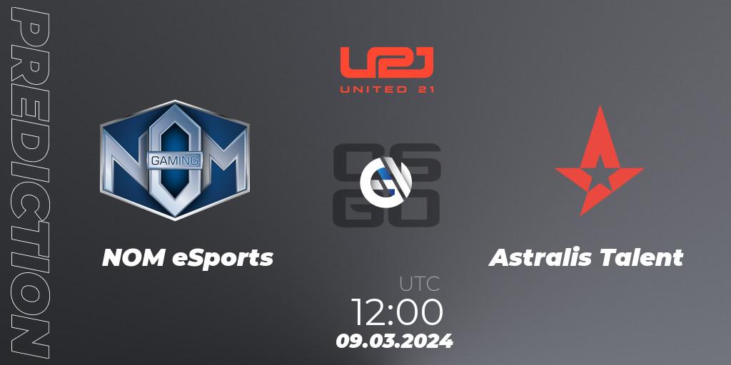 Prognose für das Spiel NOM eSports VS Astralis Talent. 09.03.2024 at 12:00. Counter-Strike (CS2) - United21 Season 12
