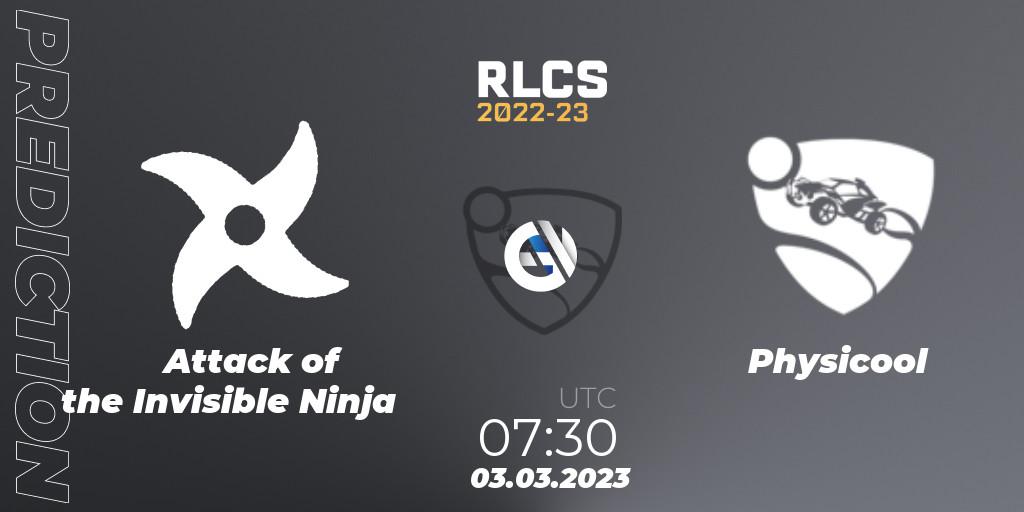 Prognose für das Spiel Attack of the Invisible Ninja VS Physicool. 03.03.2023 at 07:30. Rocket League - RLCS 2022-23 - Winter: Oceania Regional 3 - Winter Invitational