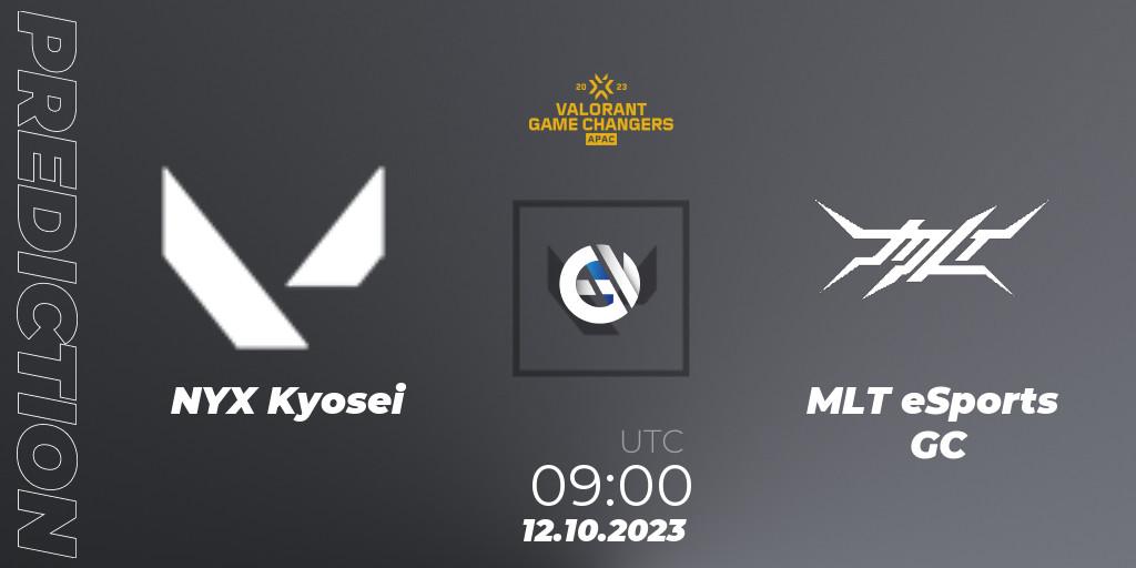 Prognose für das Spiel NYX Kyosei VS MLT eSports GC. 12.10.2023 at 09:00. VALORANT - VCT 2023: Game Changers APAC Elite