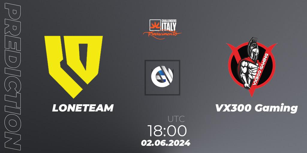 Prognose für das Spiel LONETEAM VS VX300 Gaming. 02.06.2024 at 18:00. VALORANT - VALORANT Challengers 2024 Italy: Rinascimento Split 2
