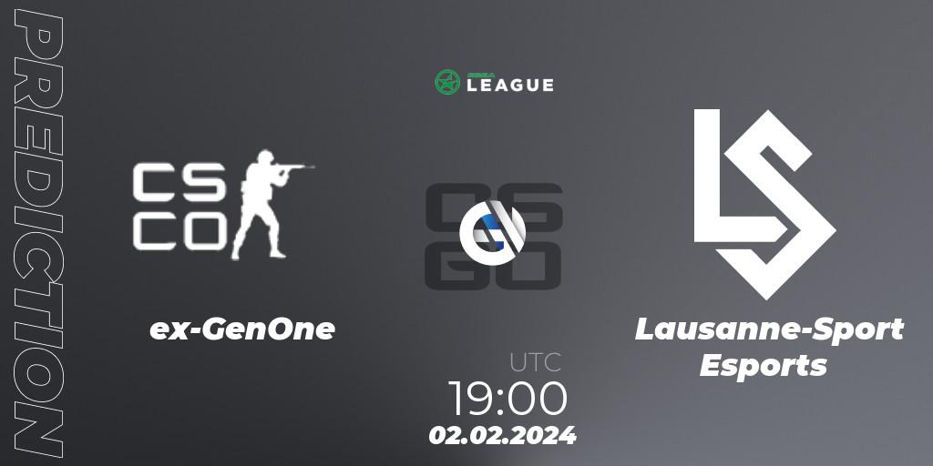 Prognose für das Spiel ex-GenOne VS Lausanne-Sport Esports. 02.02.2024 at 19:00. Counter-Strike (CS2) - ESEA Season 48: Advanced Division - Europe