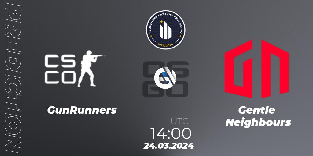 Prognose für das Spiel GunRunners VS Gentle Neighbours. 05.04.2024 at 11:00. Counter-Strike (CS2) - Slovenian National Championship 2024