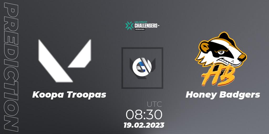 Prognose für das Spiel Koopa Troopas VS Honey Badgers. 19.02.2023 at 06:50. VALORANT - VALORANT Challengers 2023: Oceania Split 1