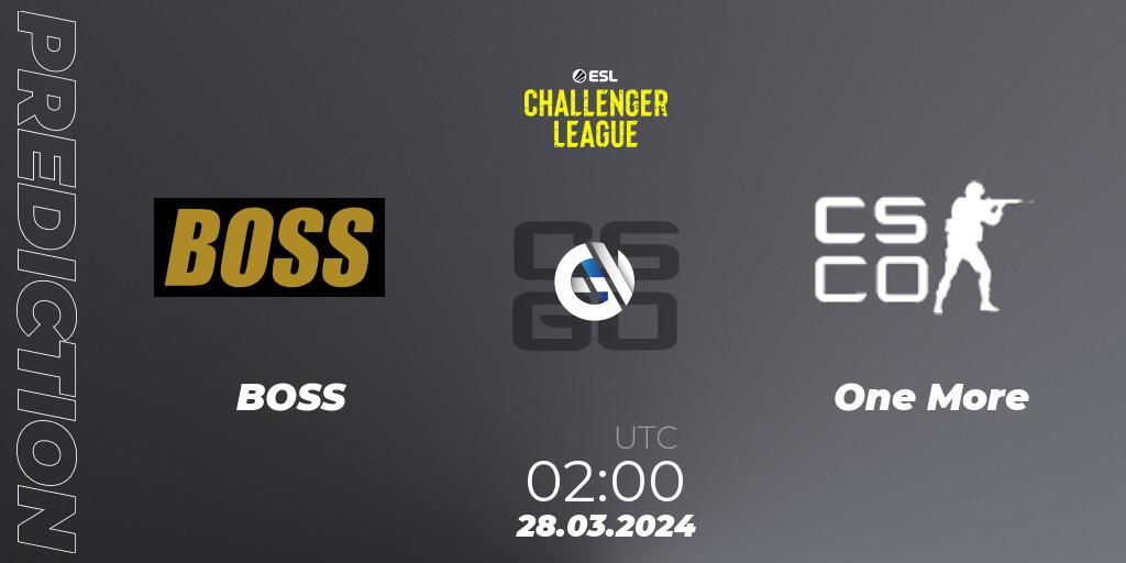 Prognose für das Spiel BOSS VS One More. 28.03.2024 at 02:00. Counter-Strike (CS2) - ESL Challenger League Season 47: North America
