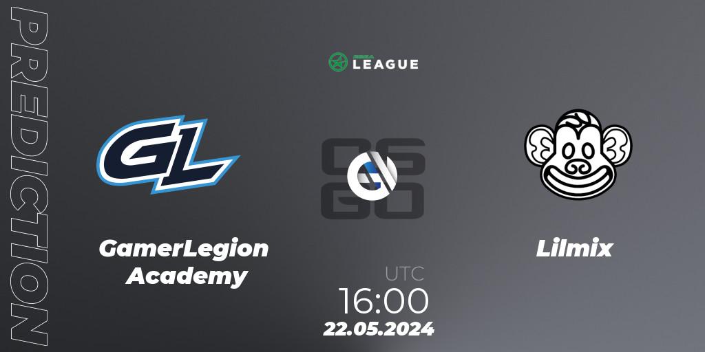 Prognose für das Spiel GamerLegion Academy VS Lilmix. 22.05.2024 at 16:00. Counter-Strike (CS2) - ESEA Season 49: Advanced Division - Europe