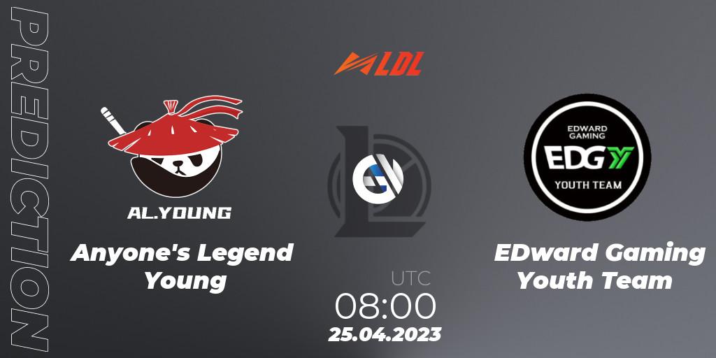 Prognose für das Spiel Anyone's Legend Young VS EDward Gaming Youth Team. 25.04.2023 at 09:00. LoL - LDL 2023 - Regular Season - Stage 2