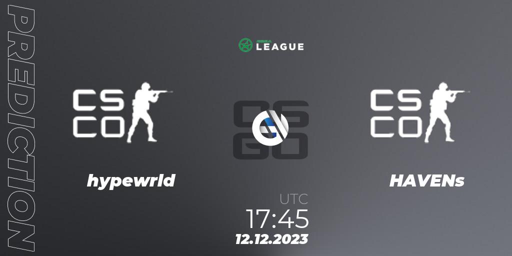 Prognose für das Spiel hypewrld VS HAVENs. 12.12.2023 at 17:45. Counter-Strike (CS2) - ESEA Season 47: Intermediate Division - Europe