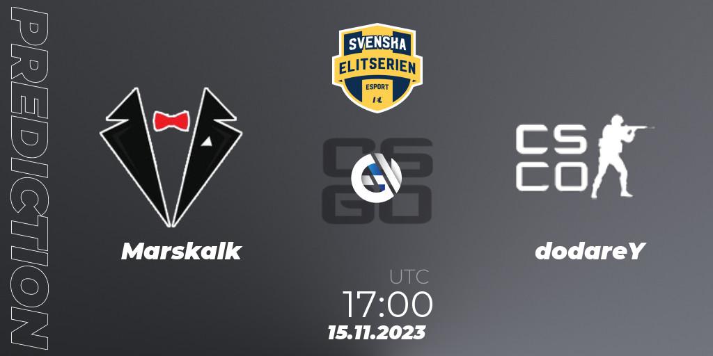 Prognose für das Spiel Marskalk VS dodareY. 15.11.2023 at 17:00. Counter-Strike (CS2) - Svenska Elitserien Fall 2023: Online Stage