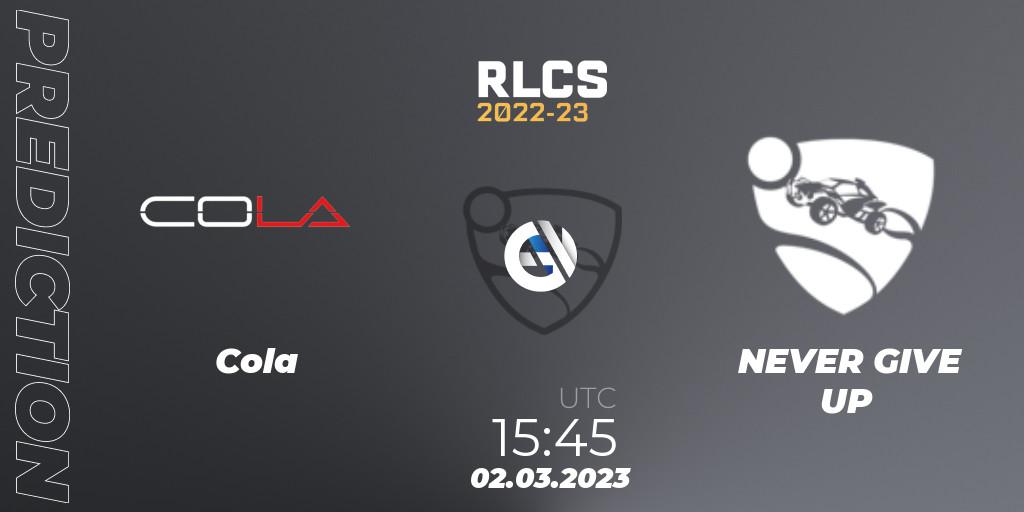 Prognose für das Spiel Cola VS NEVER GIVE UP. 02.03.23. Rocket League - RLCS 2022-23 - Winter: Middle East and North Africa Regional 3 - Winter Invitational