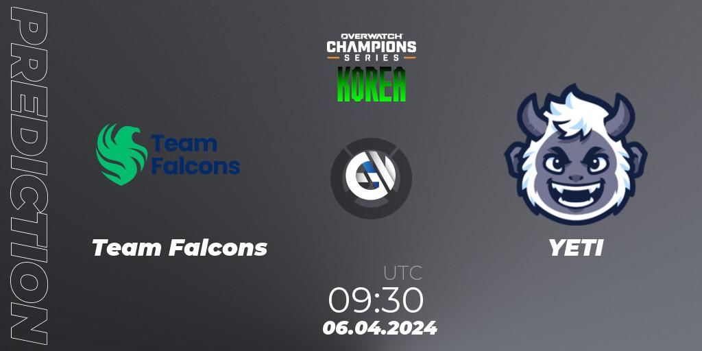 Prognose für das Spiel Team Falcons VS YETI. 06.04.2024 at 09:30. Overwatch - Overwatch Champions Series 2024 - Stage 1 Korea
