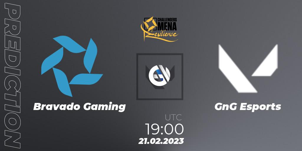 Prognose für das Spiel Bravado Gaming VS GnG Esports. 21.02.2023 at 19:00. VALORANT - VALORANT Challengers 2023 MENA: Resilience Split 1 - Levant and North Africa