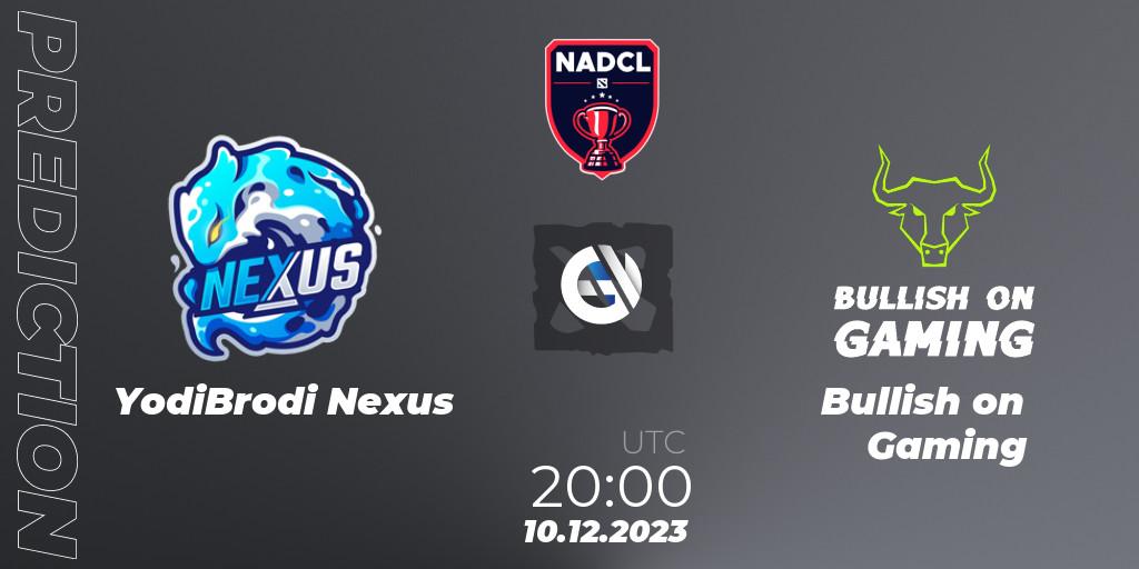 Prognose für das Spiel YodiBrodi Nexus VS Bullish on Gaming. 10.12.2023 at 21:00. Dota 2 - North American Dota Challengers League Season 5 Grand Finals