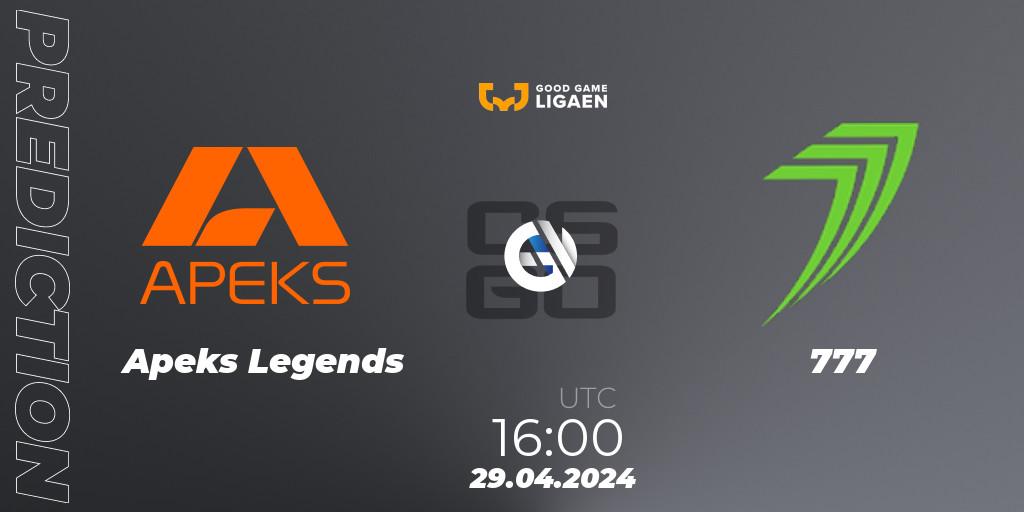 Prognose für das Spiel Apeks Legends VS 777. 29.04.24. CS2 (CS:GO) - Good Game-ligaen Spring 2024