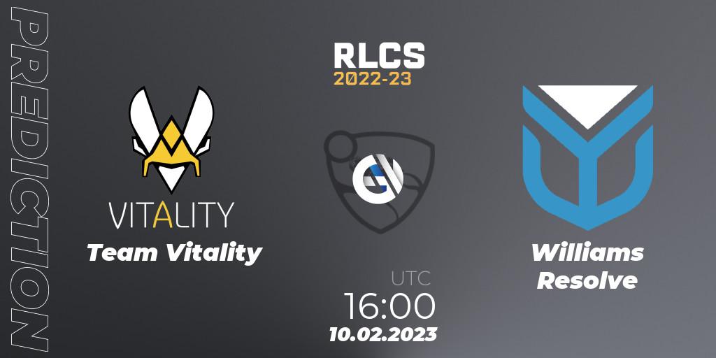 Prognose für das Spiel Team Vitality VS Williams Resolve. 10.02.2023 at 16:00. Rocket League - RLCS 2022-23 - Winter: Europe Regional 2 - Winter Cup