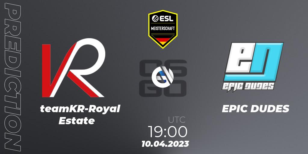 Prognose für das Spiel teamKR-Royal Estate VS EPIC DUDES. 10.04.2023 at 19:00. Counter-Strike (CS2) - ESL Meisterschaft: Spring 2023