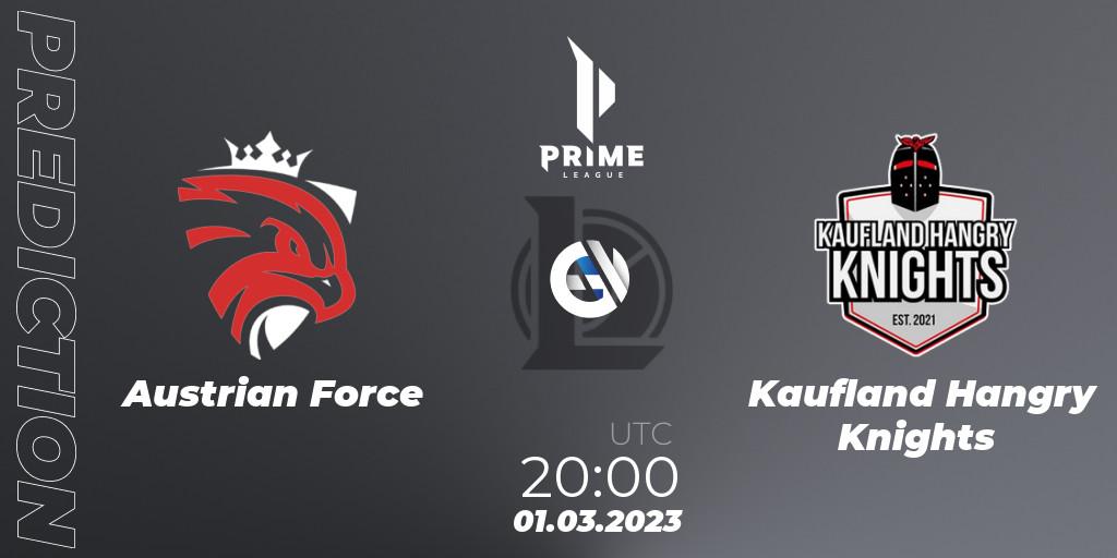 Prognose für das Spiel Austrian Force VS Kaufland Hangry Knights. 01.03.2023 at 20:00. LoL - Prime League 2nd Division Spring 2023 - Group Stage