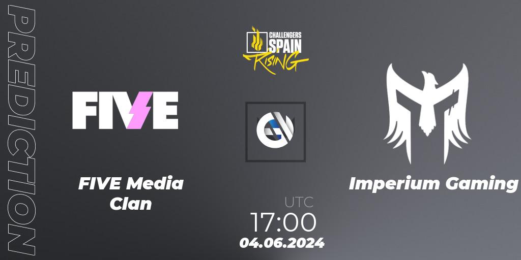 Prognose für das Spiel FIVE Media Clan VS Imperium Gaming. 04.06.2024 at 18:00. VALORANT - VALORANT Challengers 2024 Spain: Rising Split 2