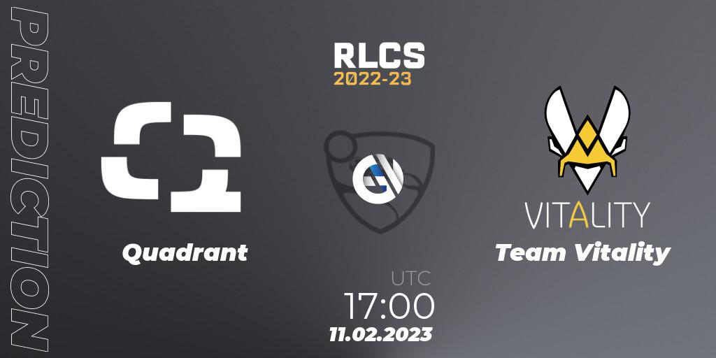 Prognose für das Spiel Quadrant VS Team Vitality. 11.02.2023 at 16:50. Rocket League - RLCS 2022-23 - Winter: Europe Regional 2 - Winter Cup