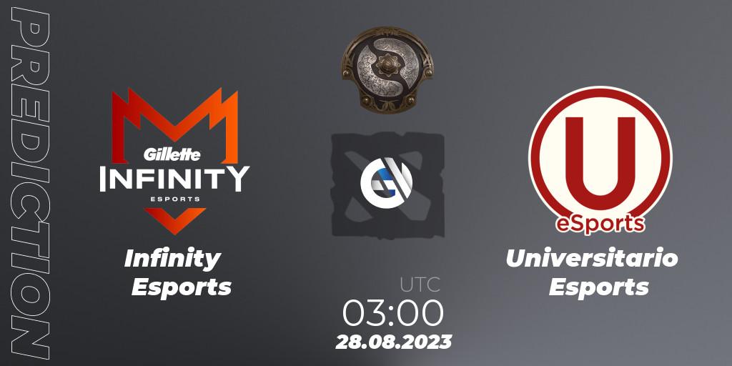Prognose für das Spiel Infinity Esports VS Universitario Esports. 22.08.2023 at 20:25. Dota 2 - The International 2023 - South America Qualifier